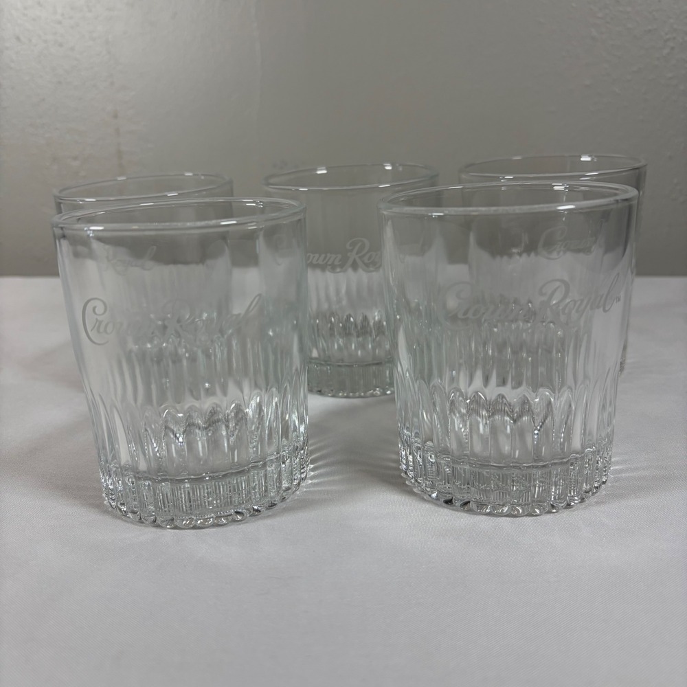 Vintage Crown Royal Whiskey Glasses Set of 5 Fluted Base Lowball Rocks Tumblers